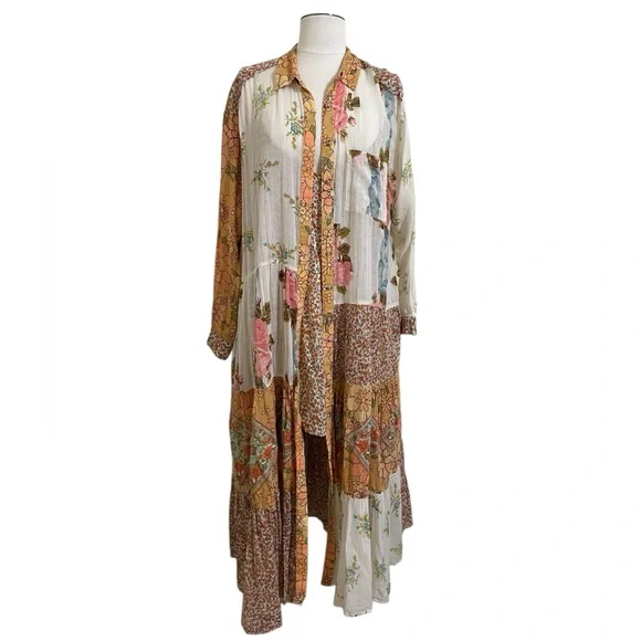 FREE PEOPLE Days Of Ditzies Orange Cream Patchwork Print Maxi Mini Combo Dress S - Picture 4 of 14